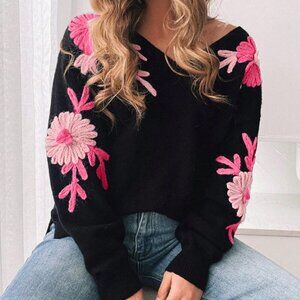 Black And Pink Casual Women's Floral Crochet V-Neck Sweater
